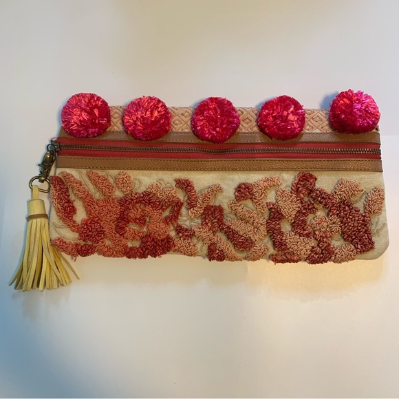 Anthropologie Handbags - Jasper & Jeera Embroidered Zip Clutch Raffia Pom Pom Yellow Leather Tassel